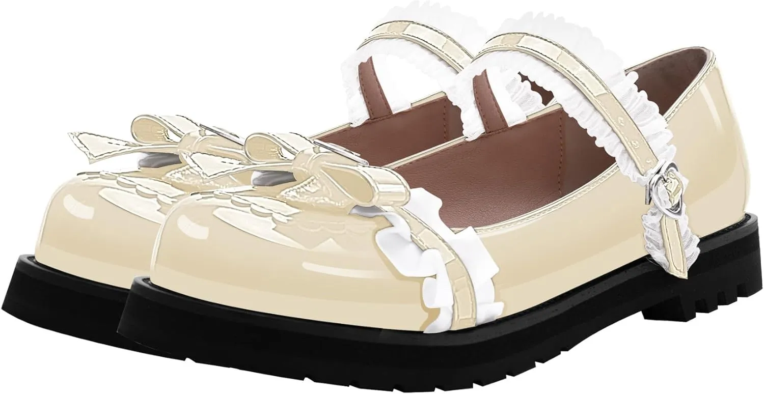 Women's Bow Mary Janes Flats Kawaii Lace Ankle Strap Platform Shoes