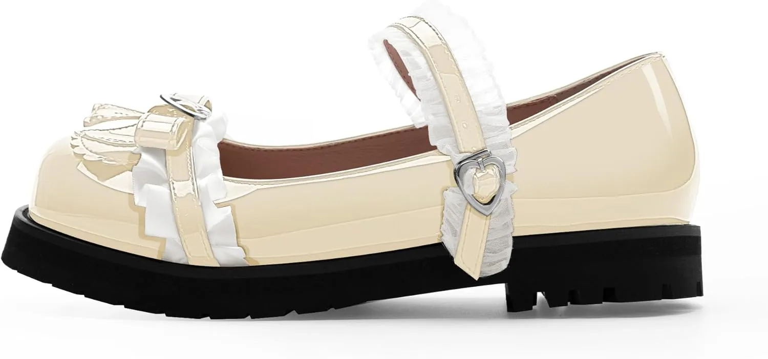 Women's Bow Mary Janes Flats Kawaii Lace Ankle Strap Platform Shoes