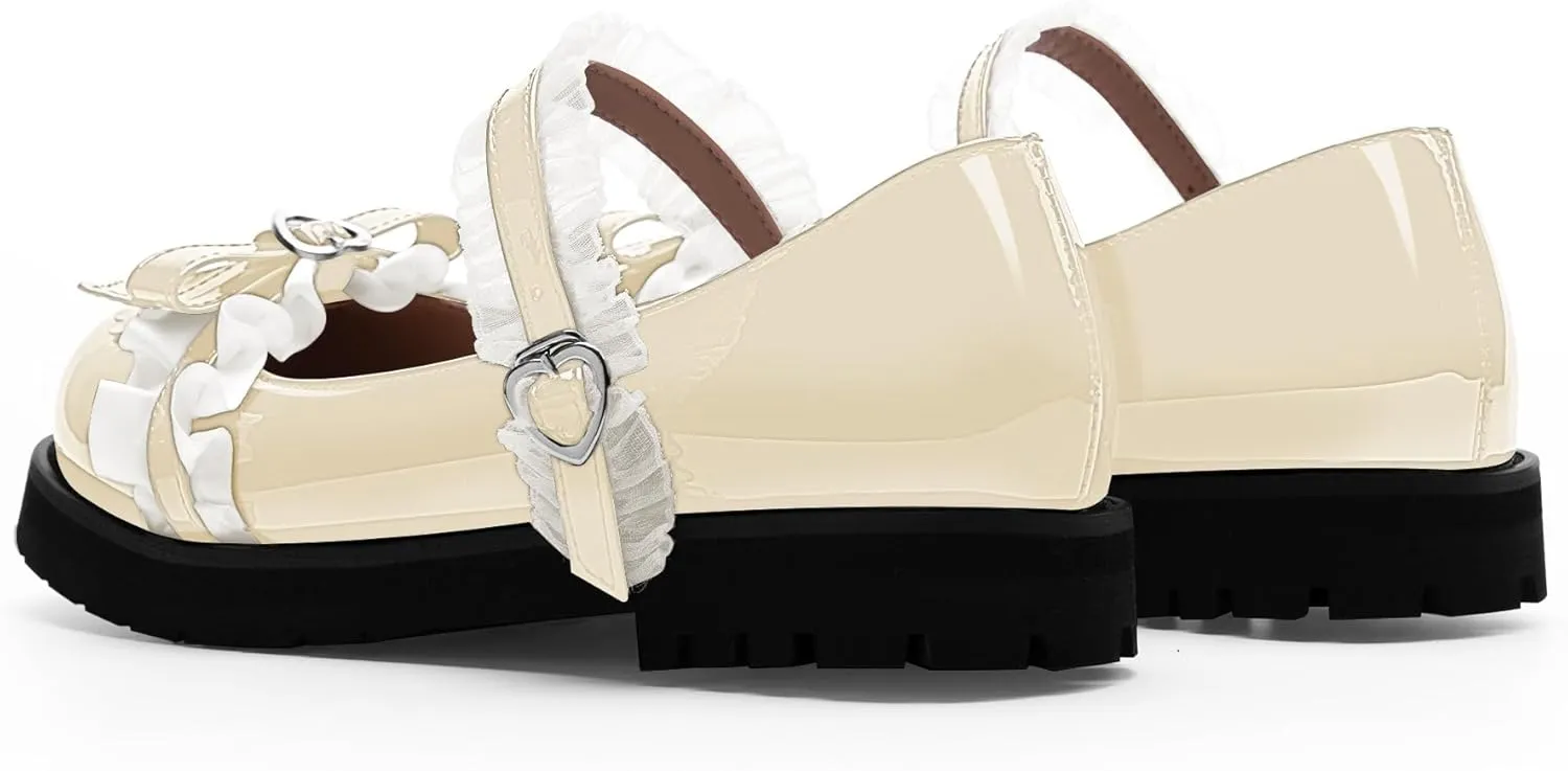 Women's Bow Mary Janes Flats Kawaii Lace Ankle Strap Platform Shoes