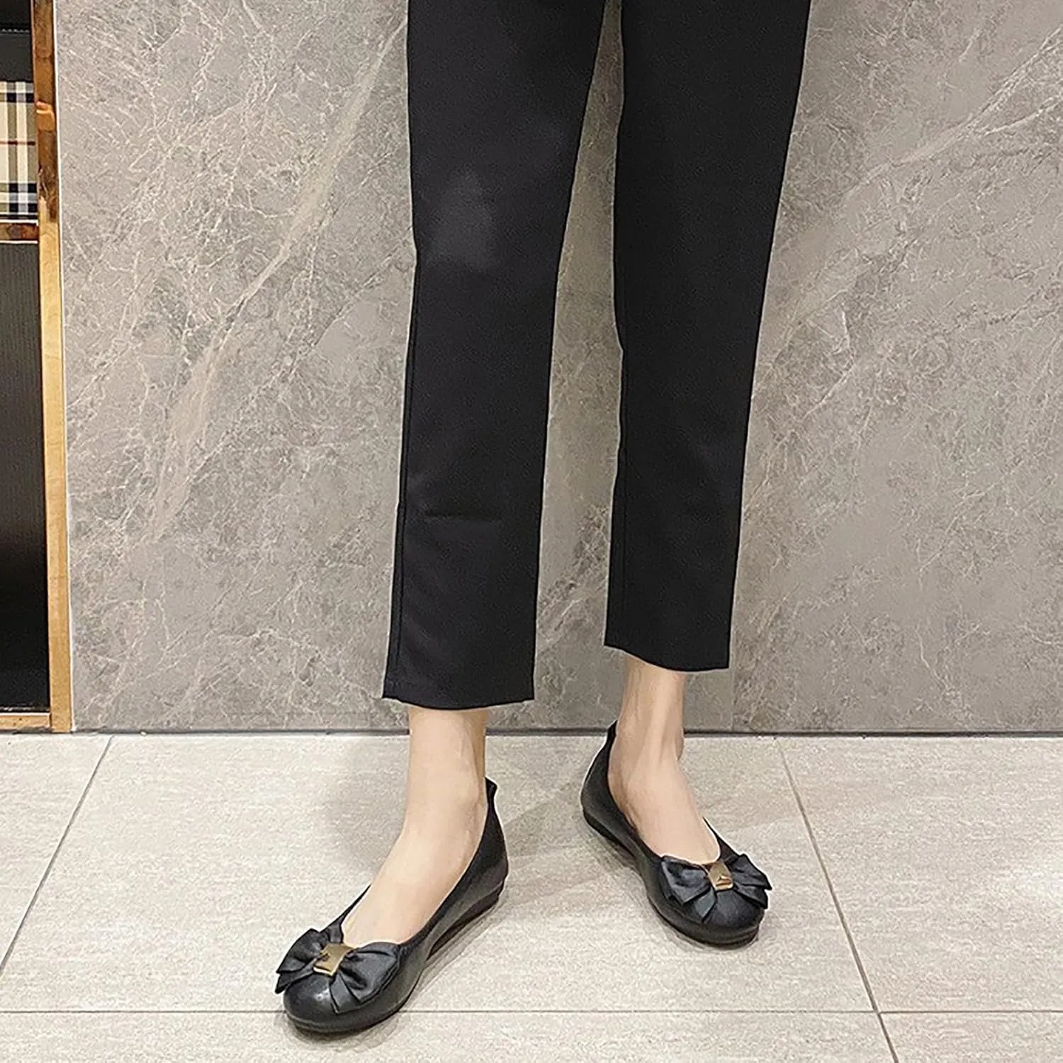 Womens Bowknot Ballet Flats Round Toe Flat Shoes Leather Casual Dress Shoes Wear to Work Slip On Moccasins
