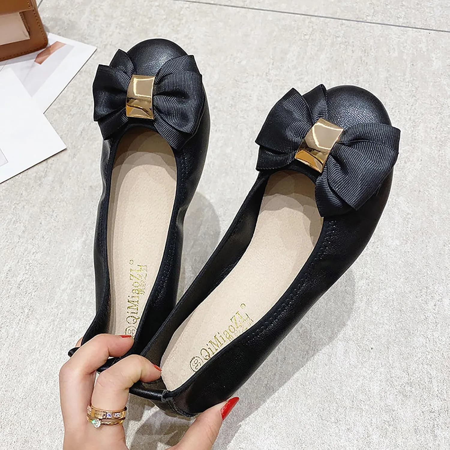 Womens Bowknot Ballet Flats Round Toe Flat Shoes Leather Casual Dress Shoes Wear to Work Slip On Moccasins