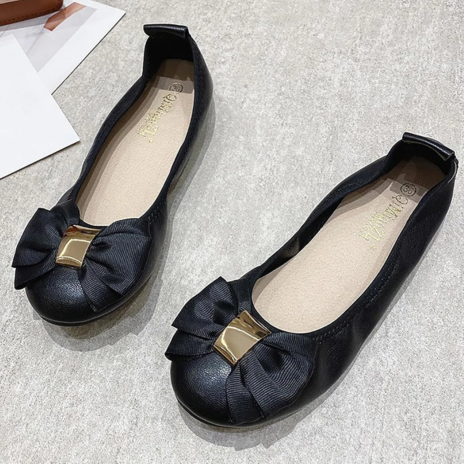 Womens Bowknot Ballet Flats Round Toe Flat Shoes Leather Casual Dress Shoes Wear to Work Slip On Moccasins