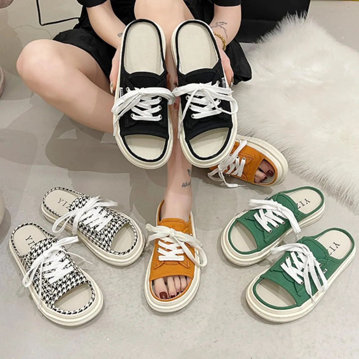 Women's Canvas Sandals Slippers Chunky Slip-on Open-toe Slides Girl Comfortable Lightweight Beach Shoes Outdoor