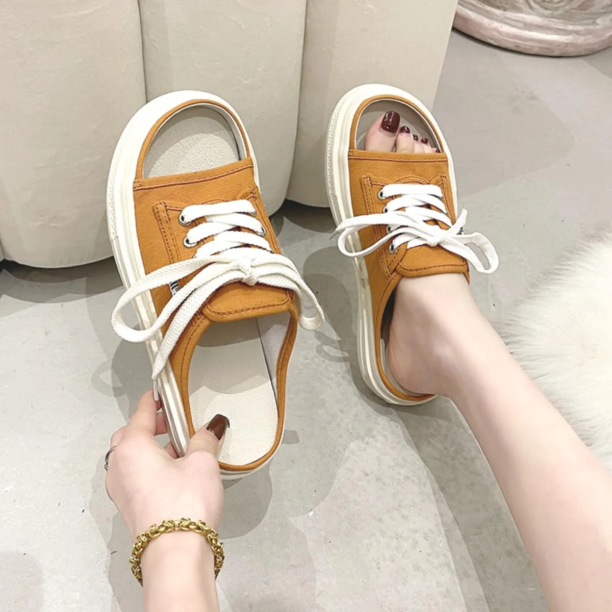 Women's Canvas Sandals Slippers Chunky Slip-on Open-toe Slides Girl Comfortable Lightweight Beach Shoes Outdoor