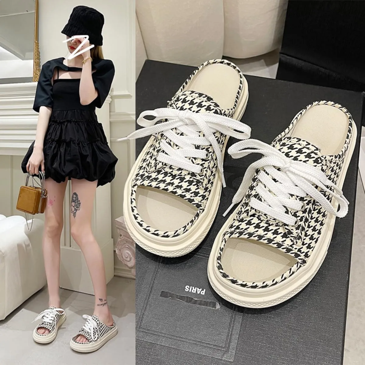 Women's Canvas Sandals Slippers Chunky Slip-on Open-toe Slides Girl Comfortable Lightweight Beach Shoes Outdoor