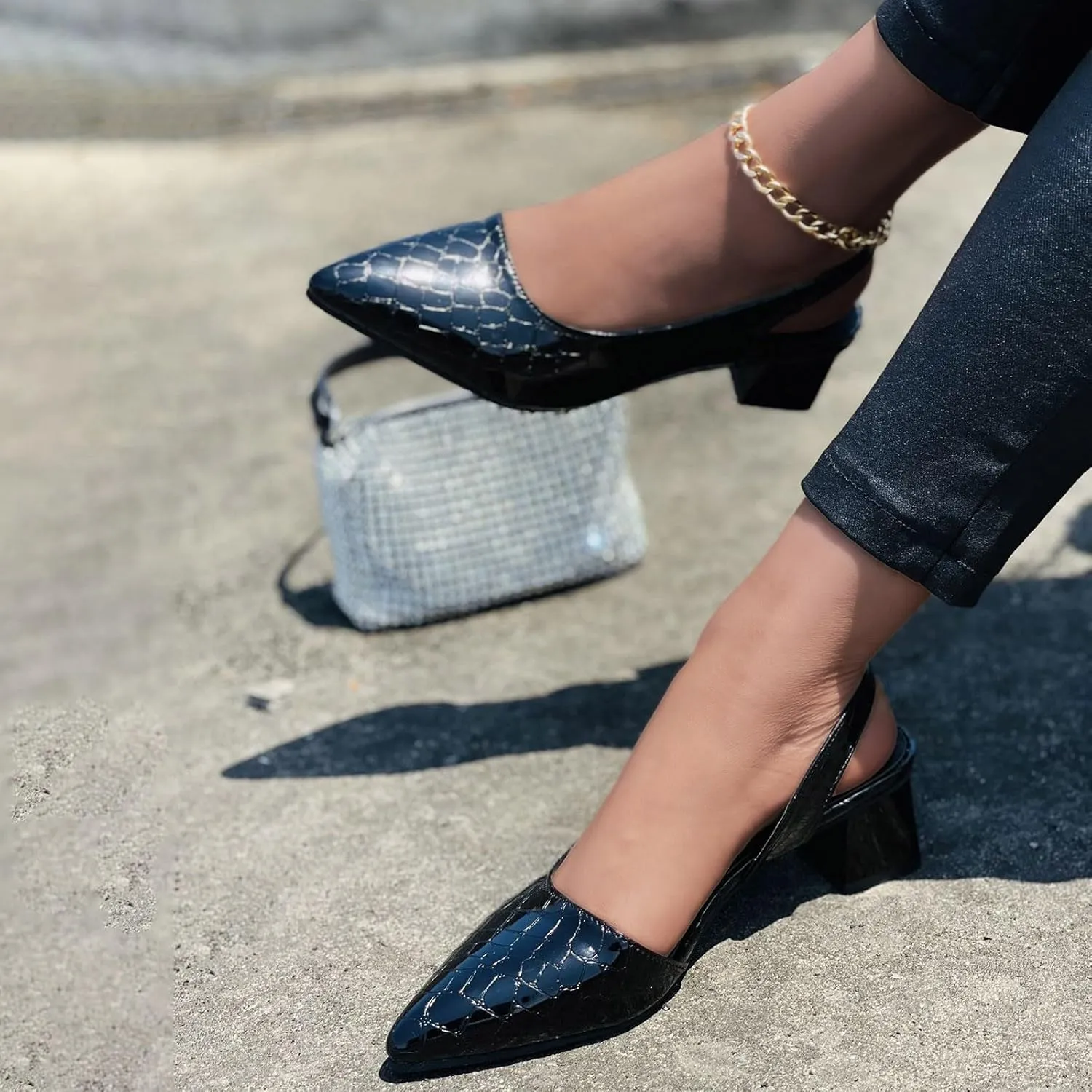Women's Chunky Block Heels Shiny Pointed Toe Chunky High Heel Mules Trendy Slip-On Sandals Classic Retro Fashionable Footwear for Spring Summer Wedding Dress Shoes