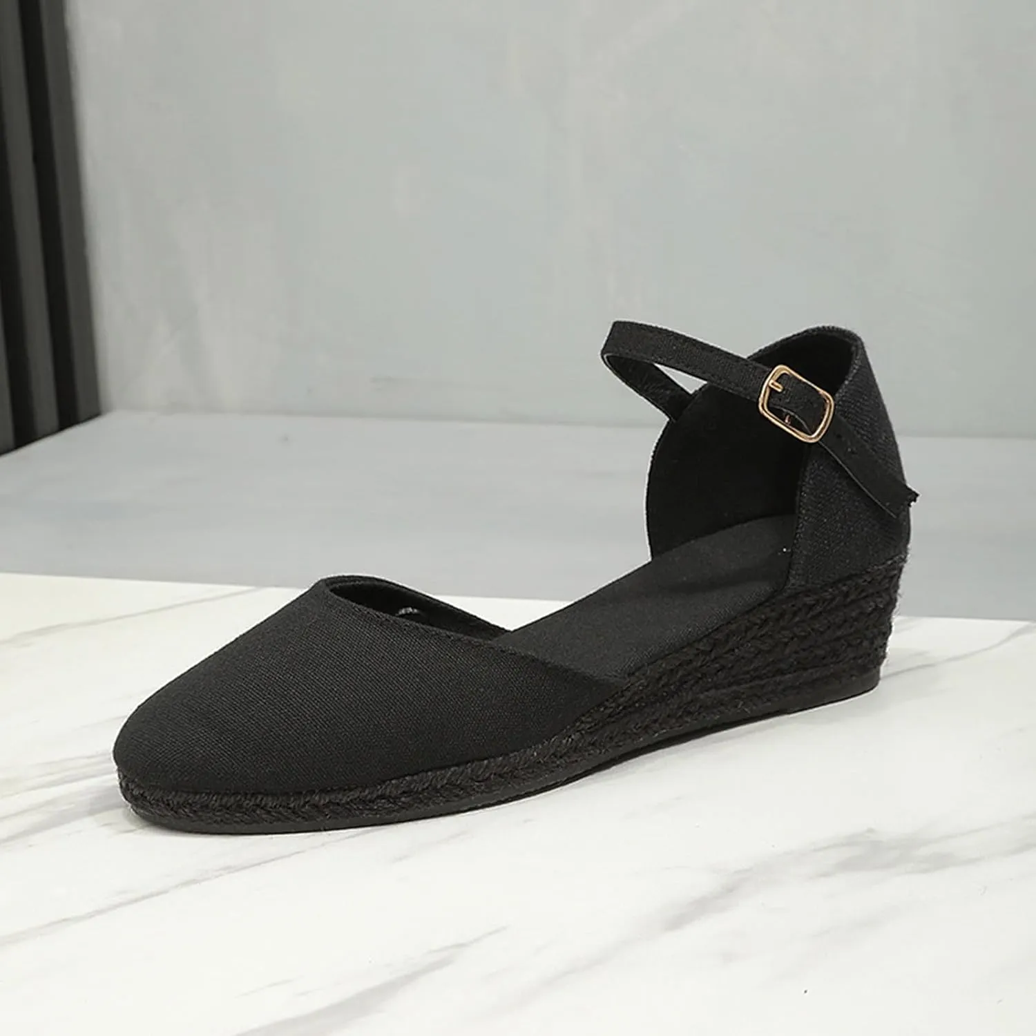 Womens Closed Toe Platform Sandals Canvas Ankle Strap Espadrilles Wedge Sandals Dressy Platform Wedge Sandals Casual Shoes