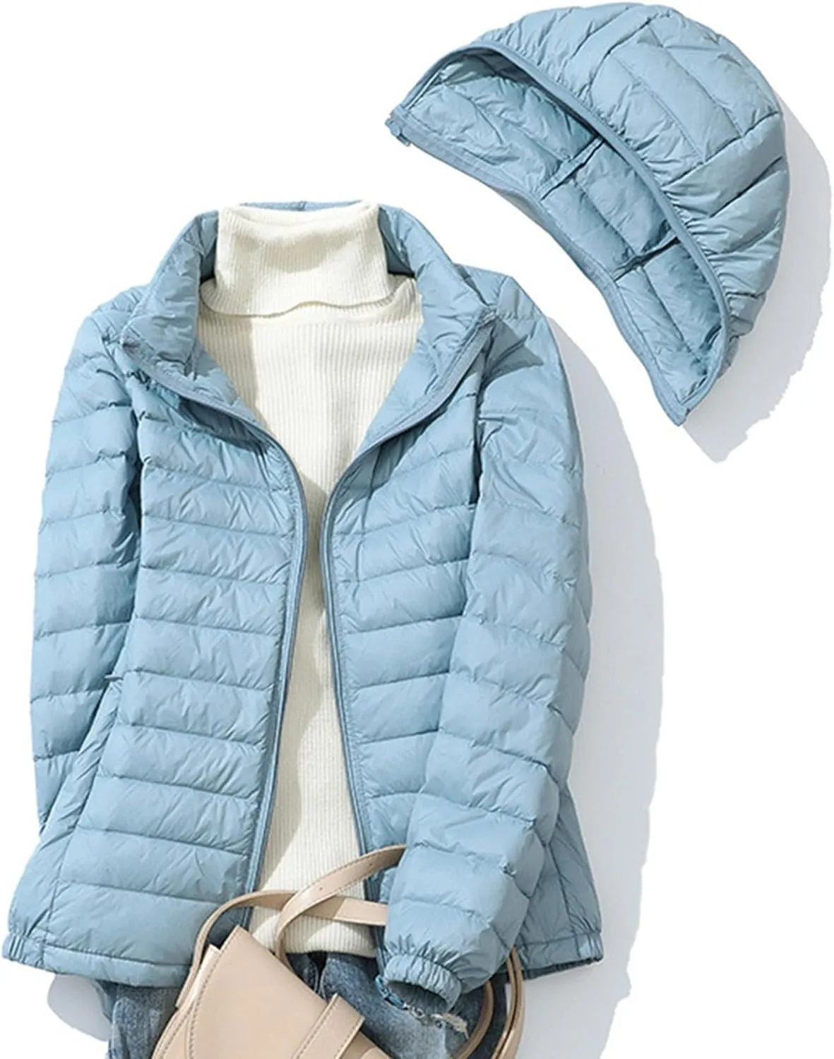 Women's Down Jacket Packable Lightweight Hooded Short Puffer Coat Padded Puffy Jackets with Detachable Hood