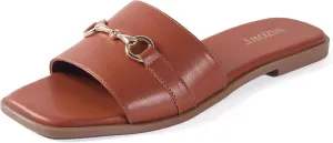 Women's Dressy Flat Sandals for Women Square Open Toe Slip on Comfortable Slide Sandals Summer