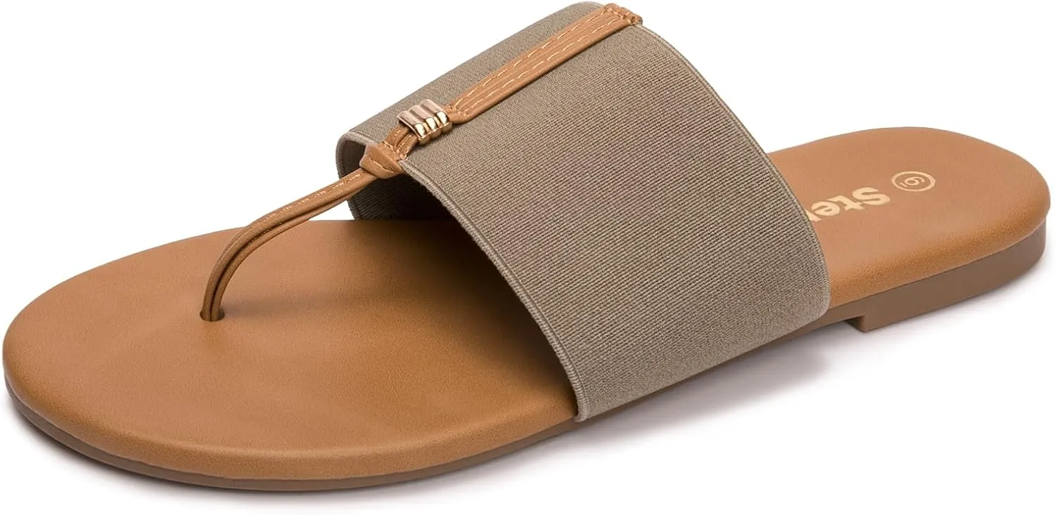 Women's Elastic T-Strap Sandals - Comfortable Slip-On Summer Flats, Stretchy Slide Sandals for Walking, Beach, and Casual Wear
