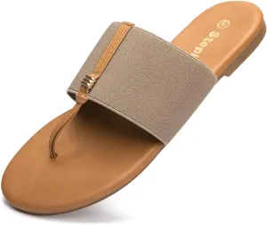 Women's Elastic T-Strap Sandals - Comfortable Slip-On Summer Flats, Stretchy Slide Sandals for Walking, Beach, and Casual Wear