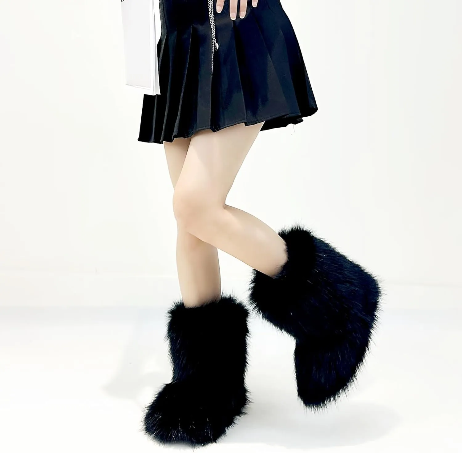 Women's Faux Fur Boots, Furry Fuzzy Mid Calf Snow Boots Y2k, Winter Warm Comfortable Fluffy Boots, Outdoor Indoor Flat Fur Shoes