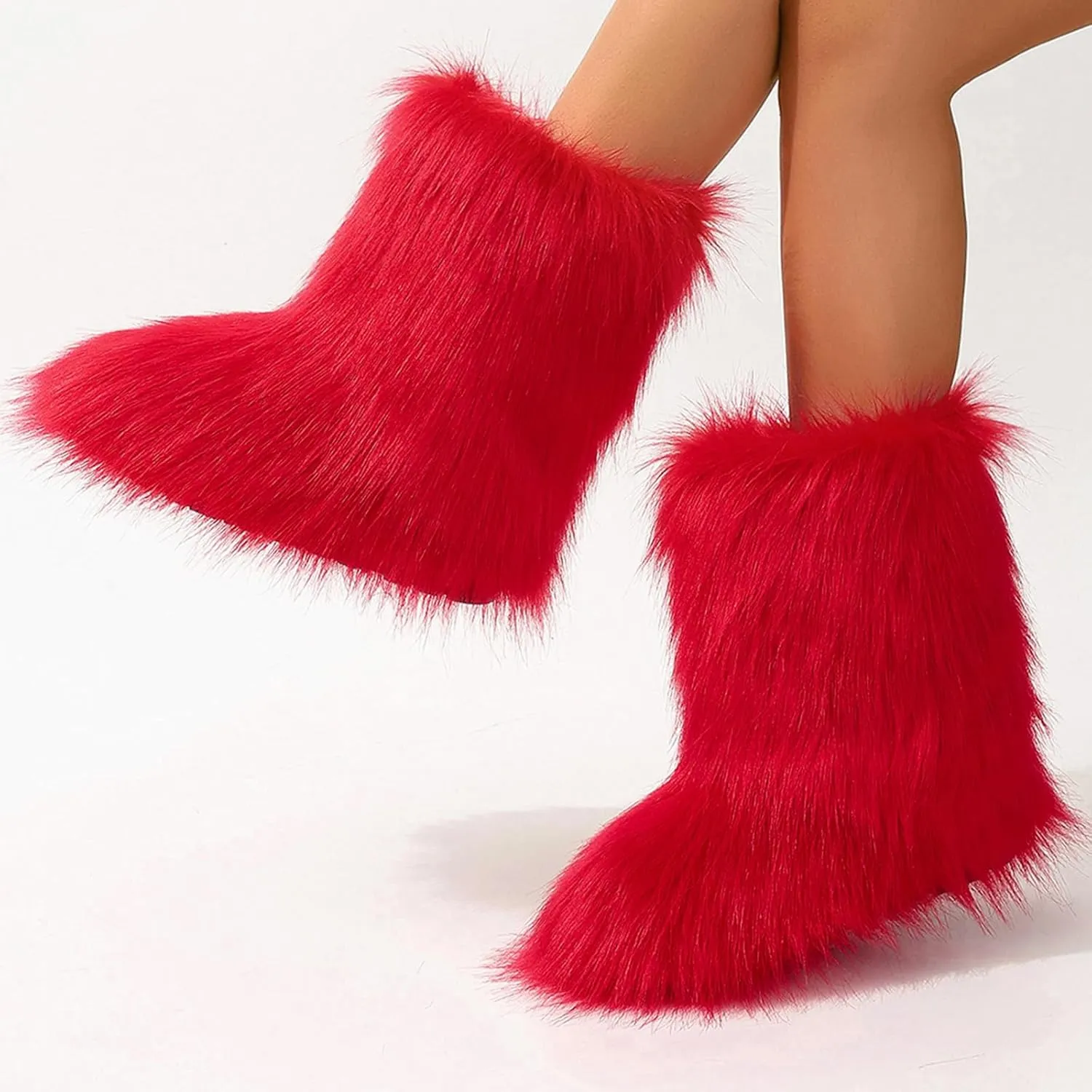 Women's Faux Fur Boots Furry Mid Calf Fur Boots Winter Warm Plush Surface Snow Boots Comfortable Outdoor Flat Shoes