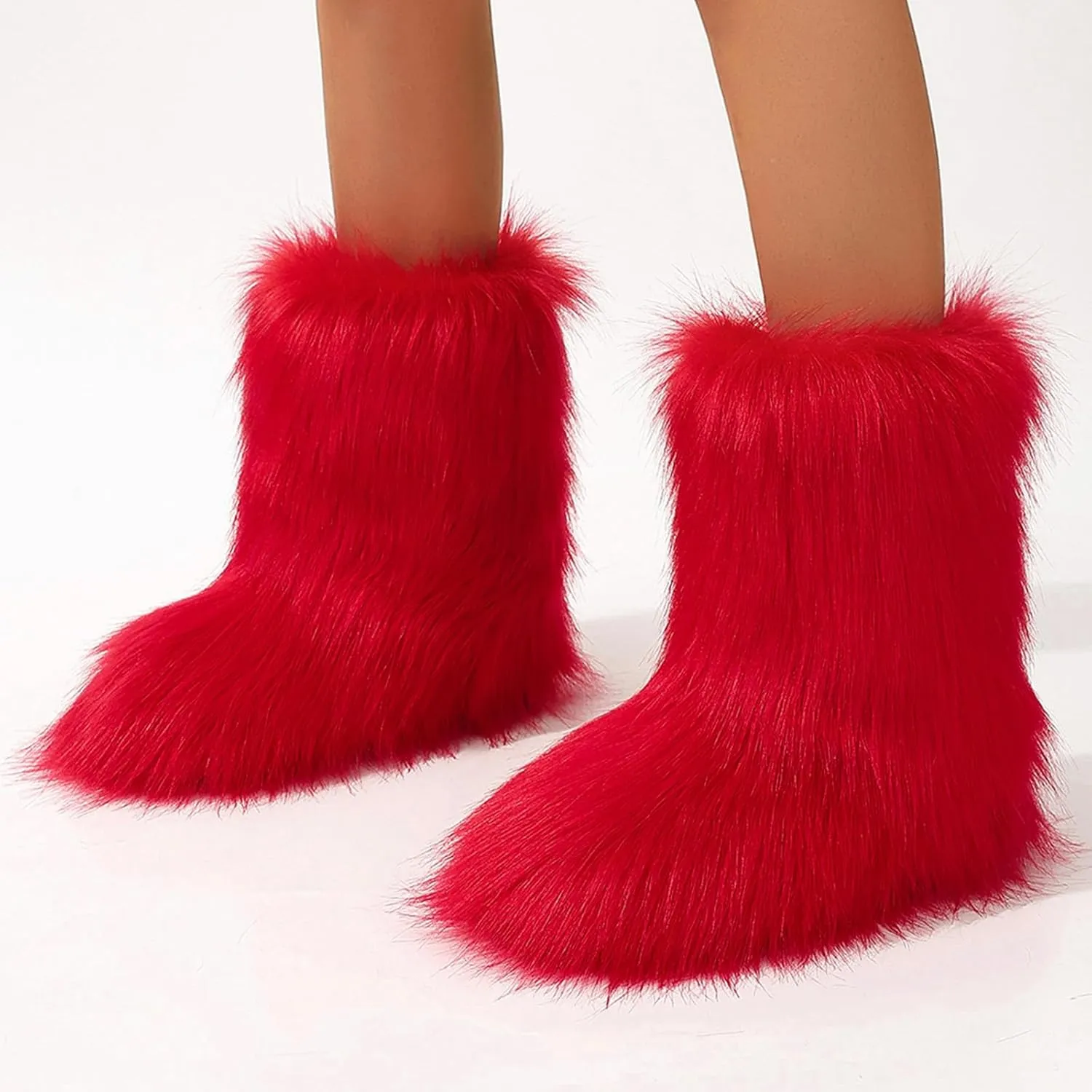 Women's Faux Fur Boots Furry Mid Calf Fur Boots Winter Warm Plush Surface Snow Boots Comfortable Outdoor Flat Shoes