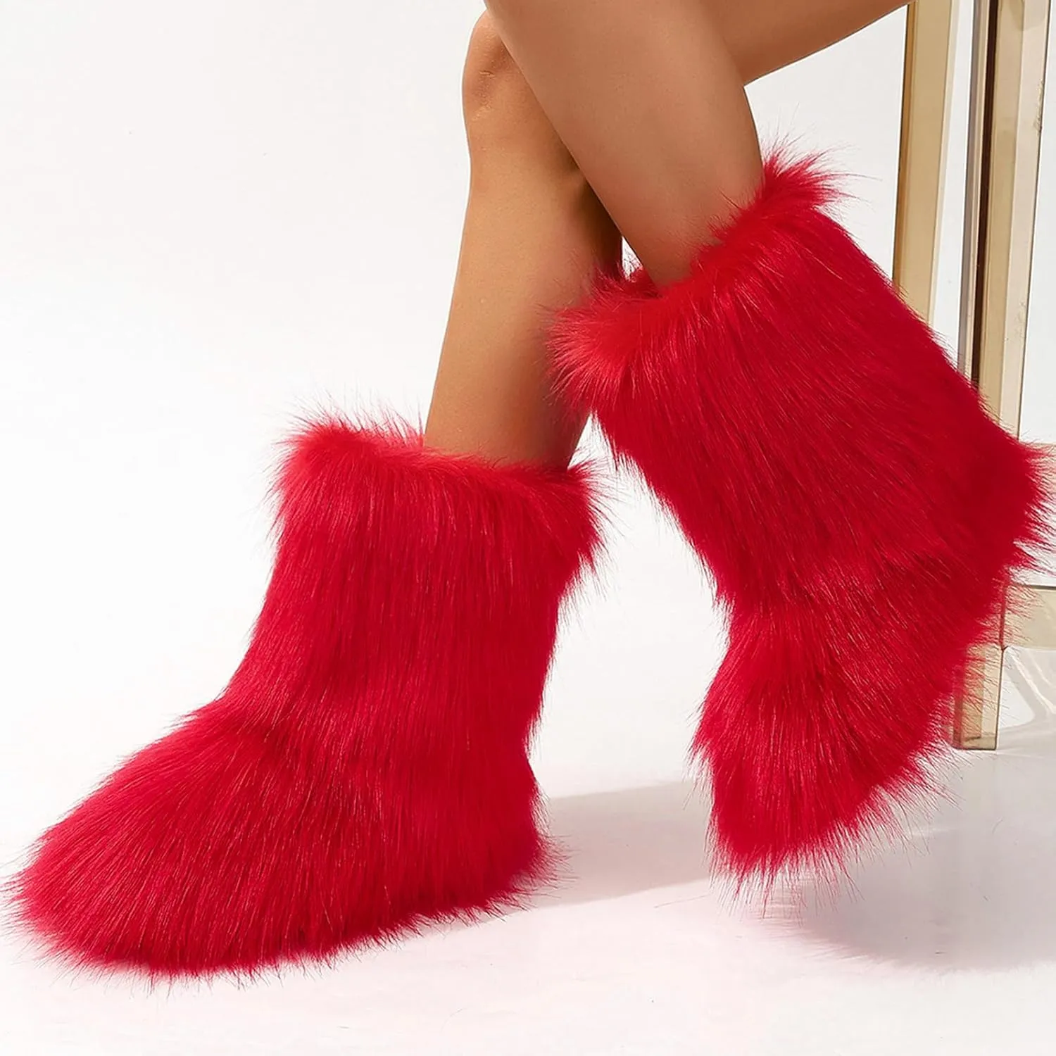 Women's Faux Fur Boots Furry Mid Calf Fur Boots Winter Warm Plush Surface Snow Boots Comfortable Outdoor Flat Shoes