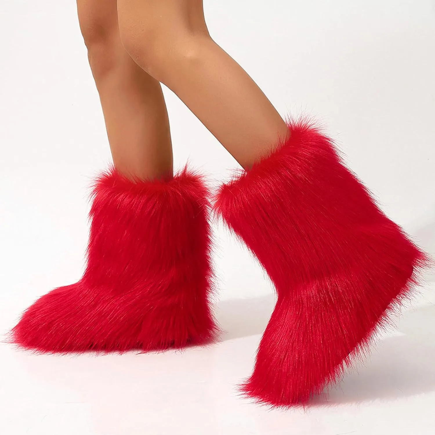Women's Faux Fur Boots Furry Mid Calf Fur Boots Winter Warm Plush Surface Snow Boots Comfortable Outdoor Flat Shoes