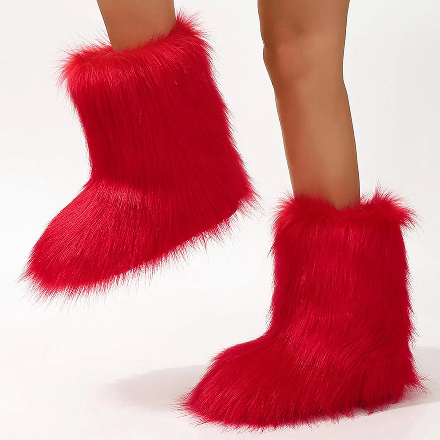 Women's Faux Fur Boots Furry Mid Calf Fur Boots Winter Warm Plush Surface Snow Boots Comfortable Outdoor Flat Shoes