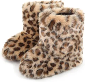 Women's Faux Fur Boots Furry Snow Boots Fuzzy Winter Shoes Fluffy Mid-Calf Flat Boots