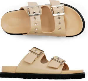 Womens Flat Slide Sandals Double Buckle Adjustable Flat Sandals Slip On Platform Sandals Open Toe Summer Sandals