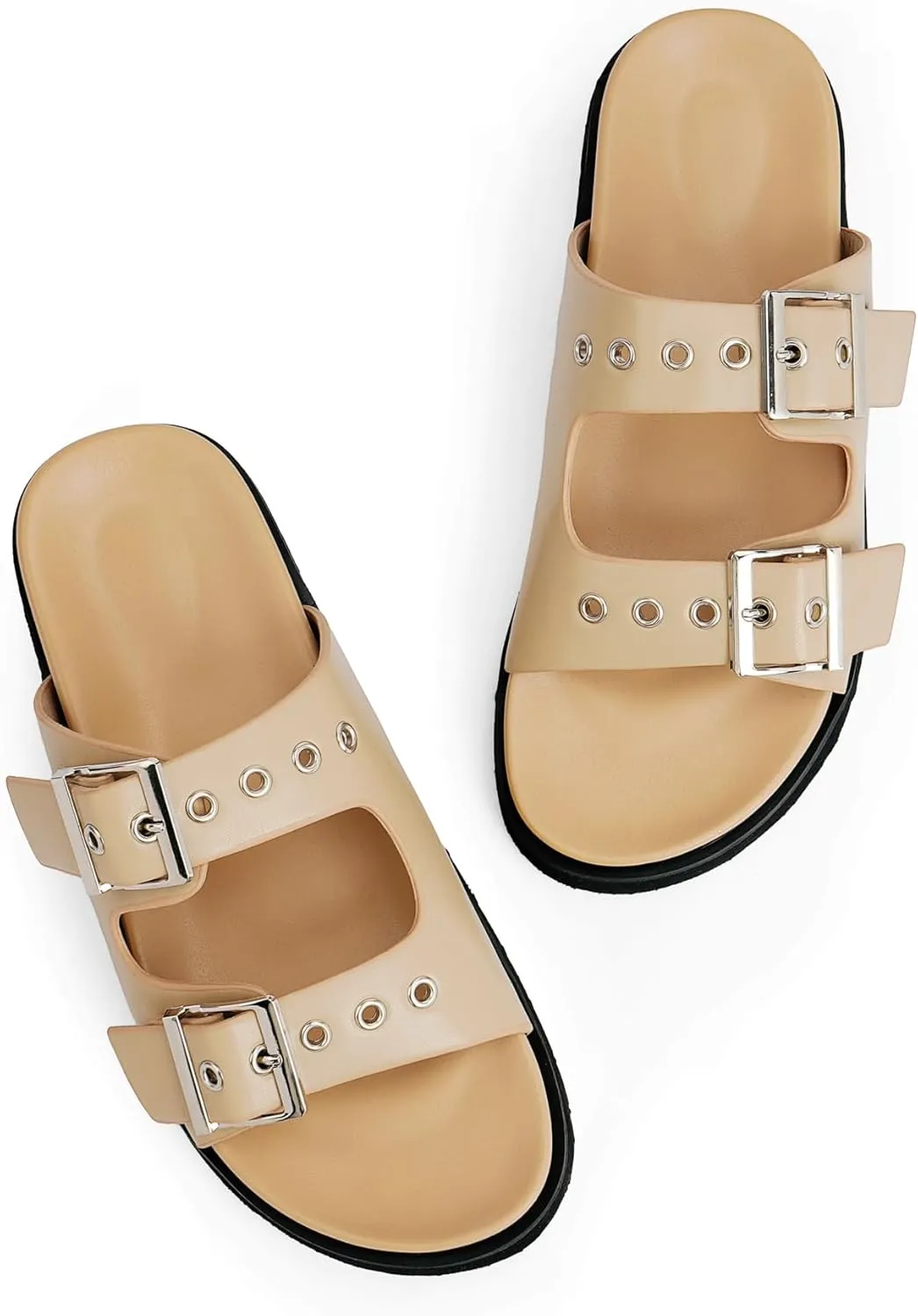 Womens Flat Slide Sandals Double Buckle Adjustable Flat Sandals Slip On Platform Sandals Open Toe Summer Sandals