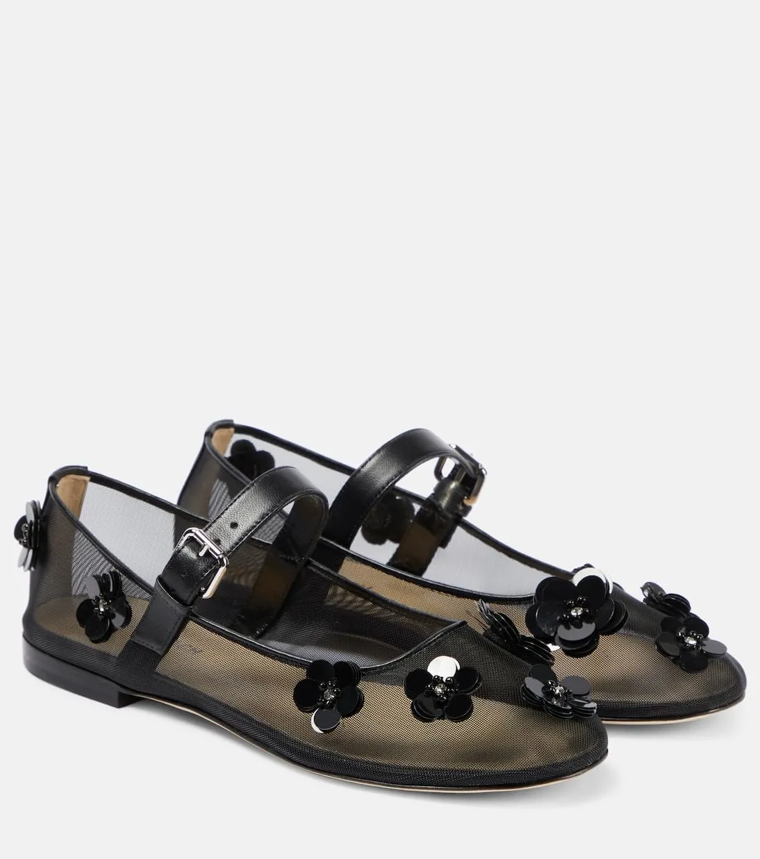 Women's Floral Mesh Mary Jane Flats Round Toe Flower Embellished Flats Buckle Strap Comfortable Sequins Flats Closed Toe Casual Dress Ballerina Shoes