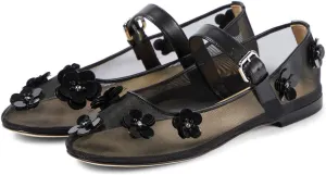 Women's Floral Mesh Mary Jane Flats Round Toe Flower Embellished Flats Buckle Strap Comfortable Sequins Flats Closed Toe Casual Dress Ballerina Shoes