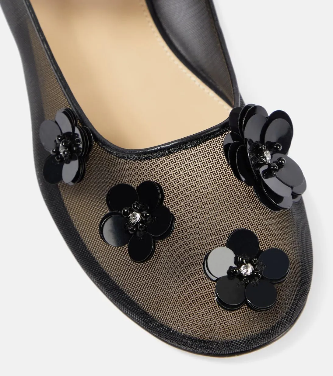 Women's Floral Mesh Mary Jane Flats Round Toe Flower Embellished Flats Buckle Strap Comfortable Sequins Flats Closed Toe Casual Dress Ballerina Shoes