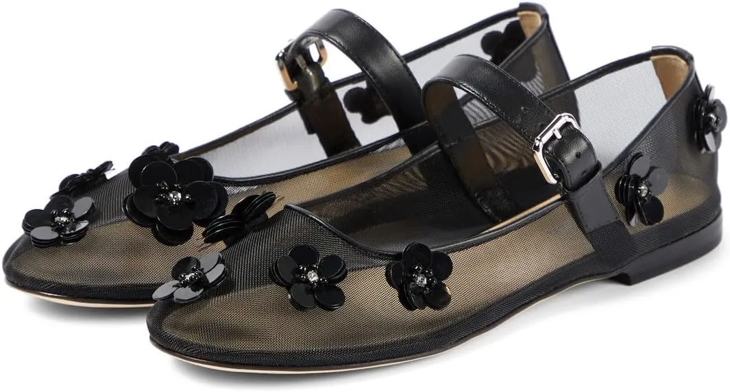 Women's Floral Mesh Mary Jane Flats Round Toe Flower Embellished Flats Buckle Strap Comfortable Sequins Flats Closed Toe Casual Dress Ballerina Shoes