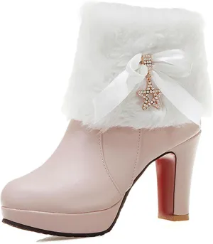 Women's Furry Chunky Heel Ankle Boots Comfortable Round Toe Side Zipper High Heel Winter Warm Short Boots Grace Bow Rhinestones Dress Booties