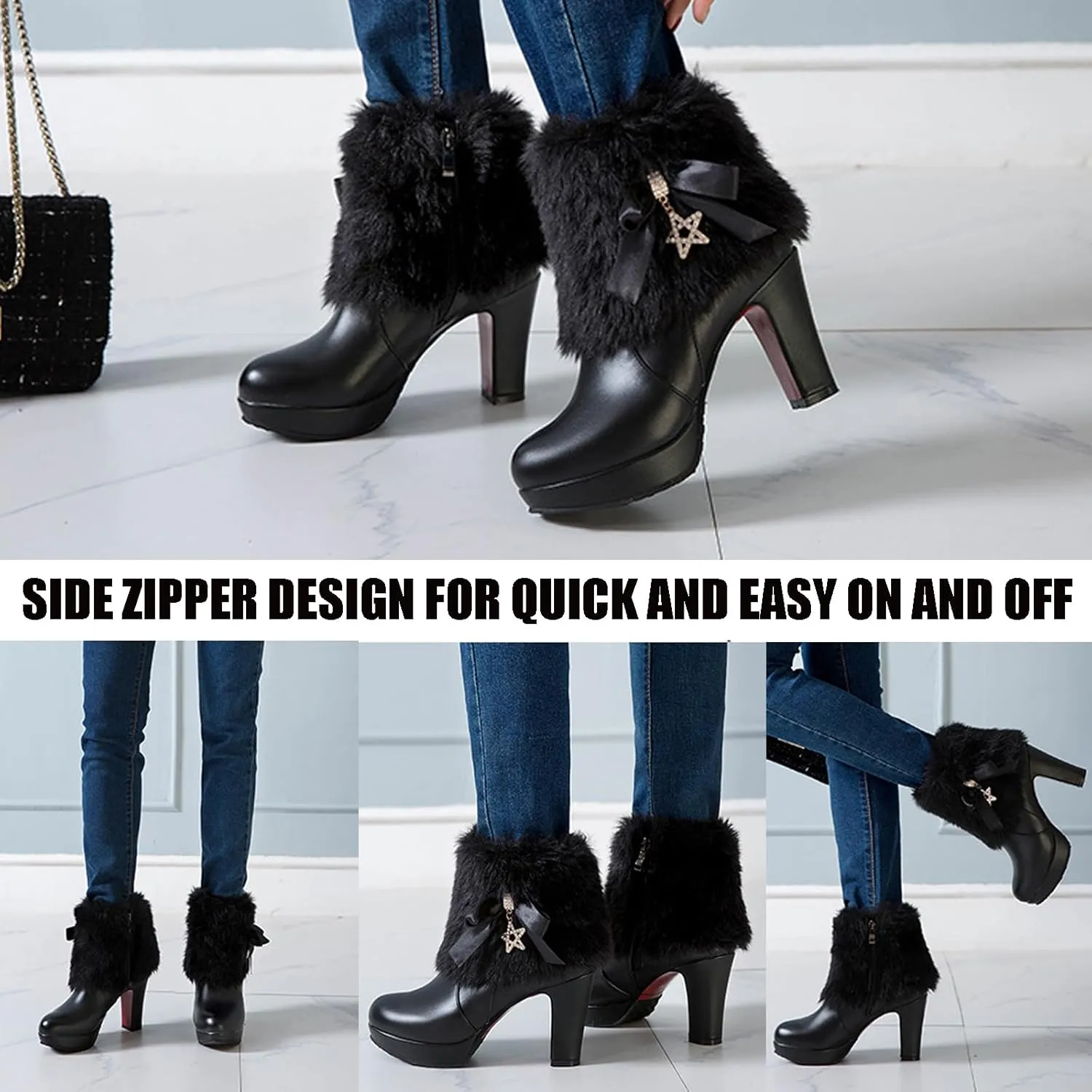 Women's Furry Chunky Heel Ankle Boots Comfortable Round Toe Side Zipper High Heel Winter Warm Short Boots Grace Bow Rhinestones Dress Booties