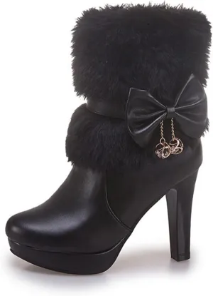 Women's Furry Chunky Heel Ankle Boots Comfortable Round Toe Side Zipper High Heel Winter Warm Short Boots Grace Bow Rhinestones Dress Booties