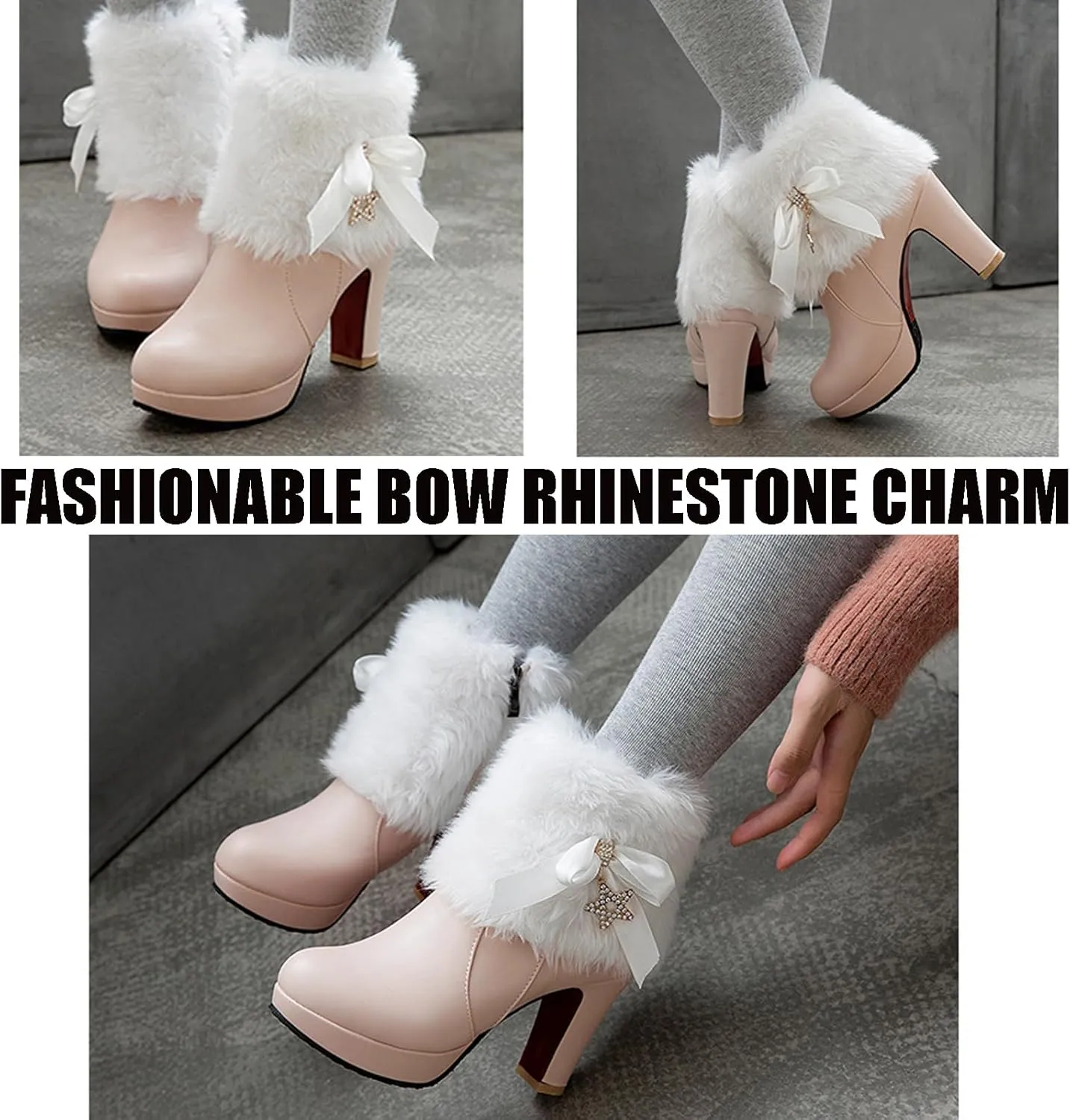 Women's Furry Chunky Heel Ankle Boots Comfortable Round Toe Side Zipper High Heel Winter Warm Short Boots Grace Bow Rhinestones Dress Booties