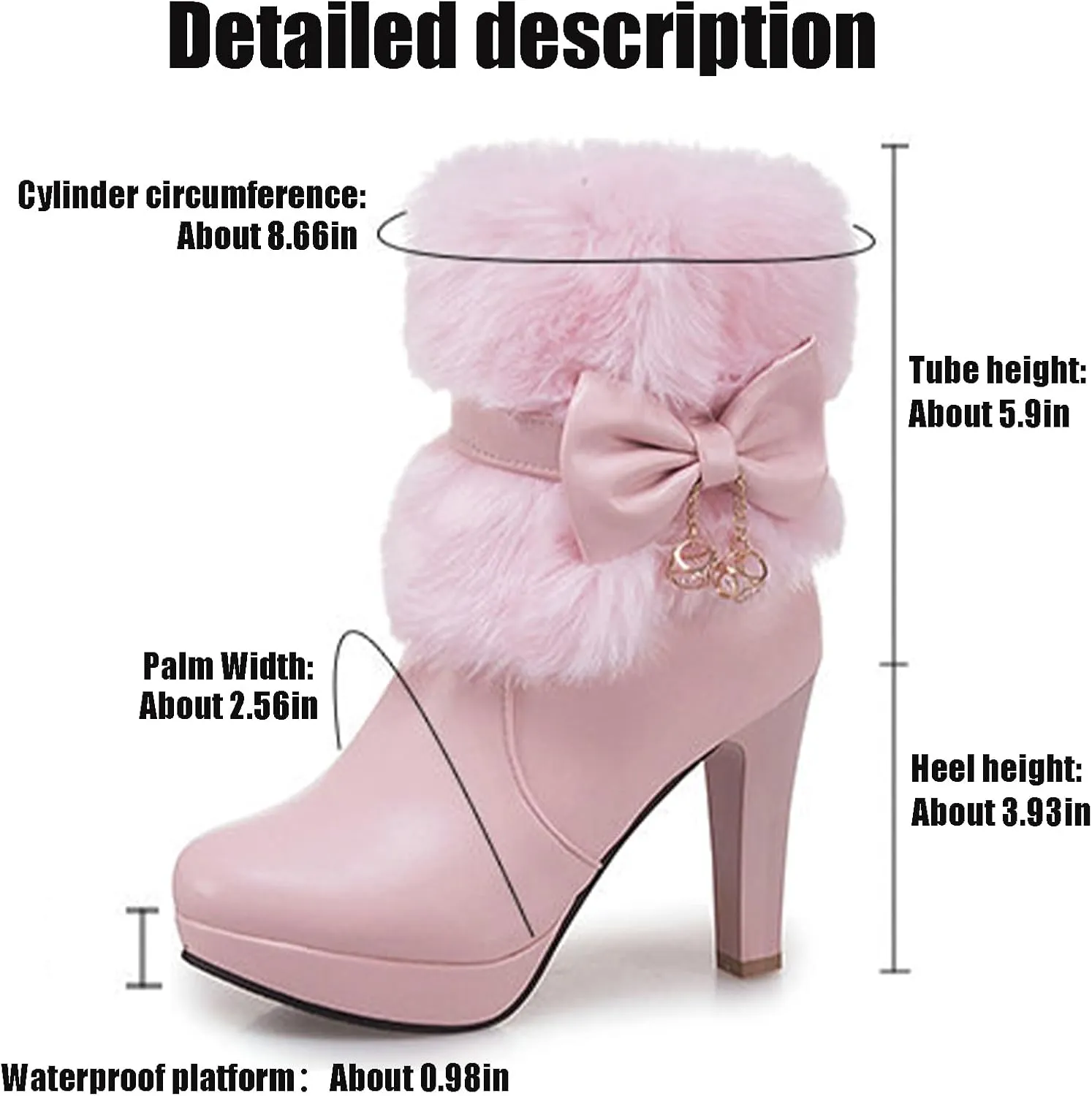 Women's Furry Chunky Heel Ankle Boots Comfortable Round Toe Side Zipper High Heel Winter Warm Short Boots Grace Bow Rhinestones Dress Booties