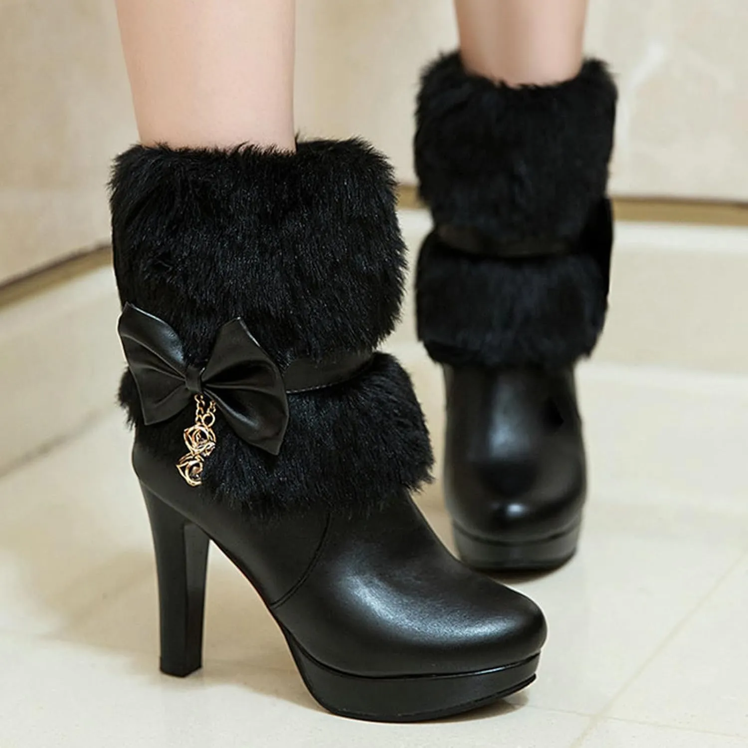 Women's Furry Chunky Heel Ankle Boots Comfortable Round Toe Side Zipper High Heel Winter Warm Short Boots Grace Bow Rhinestones Dress Booties