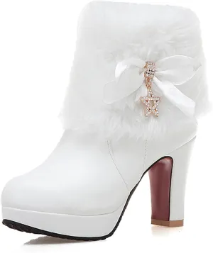 Women's Furry Chunky Heel Ankle Boots Comfortable Round Toe Side Zipper High Heel Winter Warm Short Boots Grace Bow Rhinestones Dress Booties