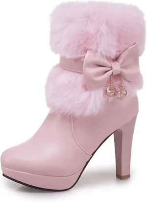 Women's Furry Chunky Heel Ankle Boots Comfortable Round Toe Side Zipper High Heel Winter Warm Short Boots Grace Bow Rhinestones Dress Booties