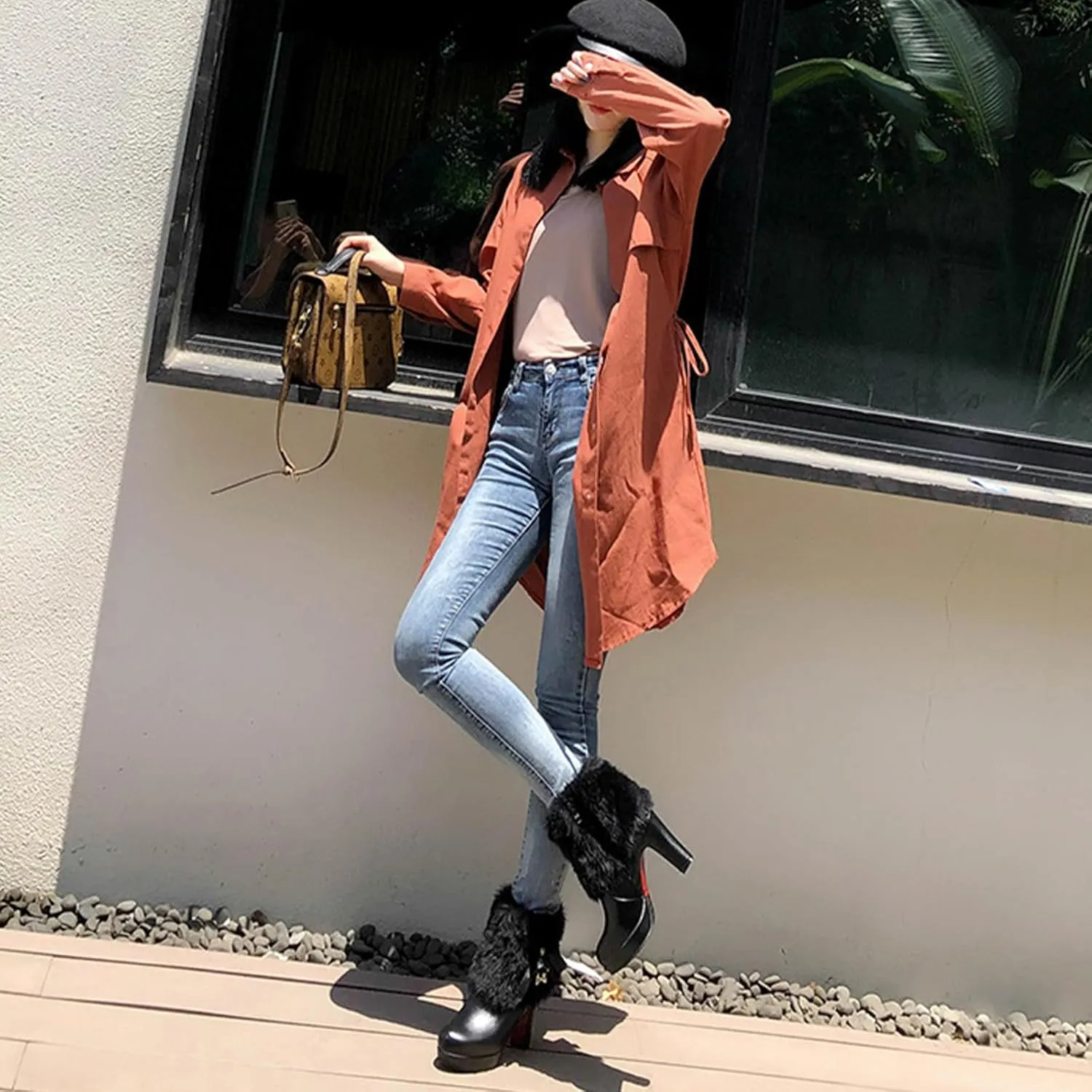 Women's Furry Chunky Heel Ankle Boots Comfortable Round Toe Side Zipper High Heel Winter Warm Short Boots Grace Bow Rhinestones Dress Booties