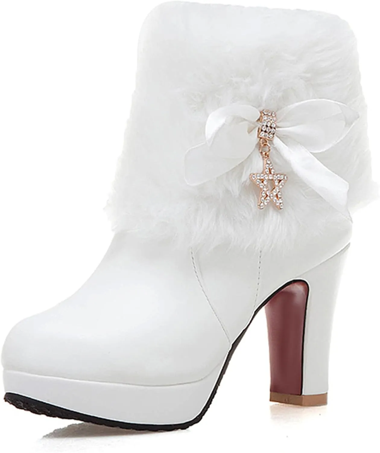 Women's Furry Chunky Heel Ankle Boots Comfortable Round Toe Side Zipper High Heel Winter Warm Short Boots Grace Bow Rhinestones Dress Booties