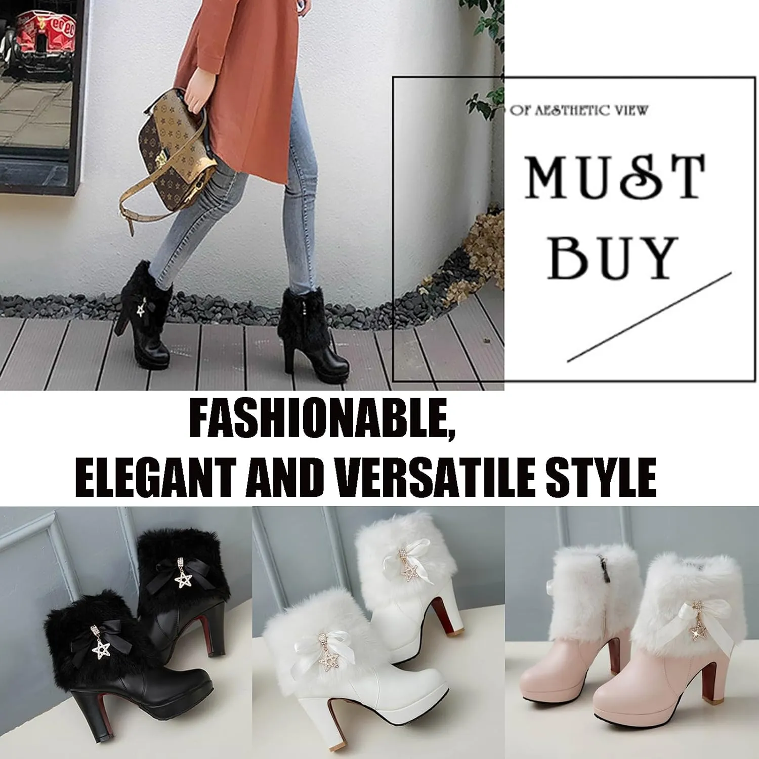 Women's Furry Chunky Heel Ankle Boots Comfortable Round Toe Side Zipper High Heel Winter Warm Short Boots Grace Bow Rhinestones Dress Booties