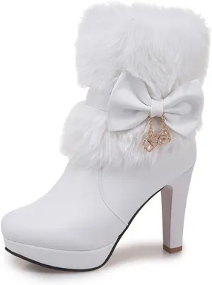 Women's Furry Chunky Heel Ankle Boots Comfortable Round Toe Side Zipper High Heel Winter Warm Short Boots Grace Bow Rhinestones Dress Booties
