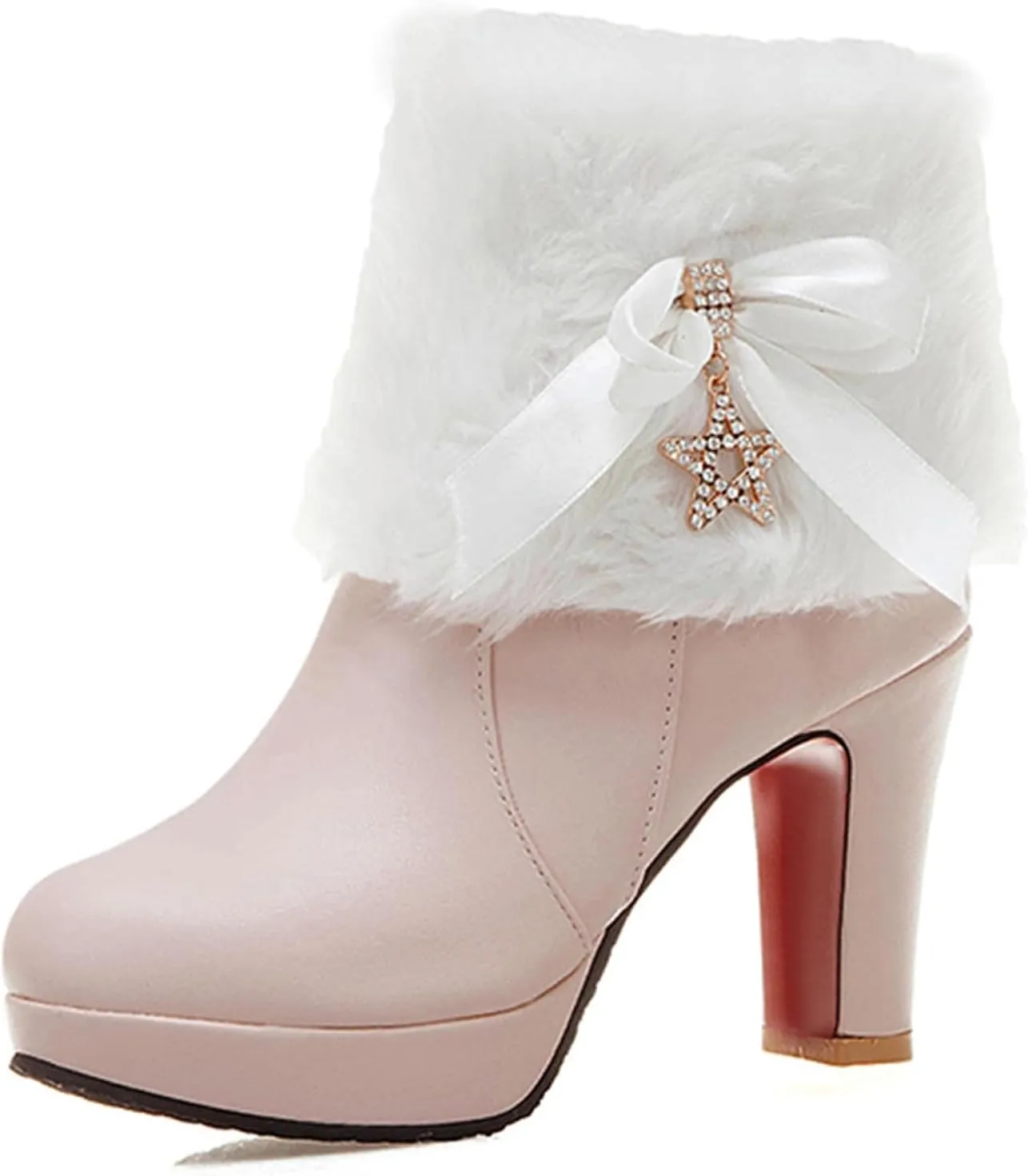 Women's Furry Chunky Heel Ankle Boots Comfortable Round Toe Side Zipper High Heel Winter Warm Short Boots Grace Bow Rhinestones Dress Booties
