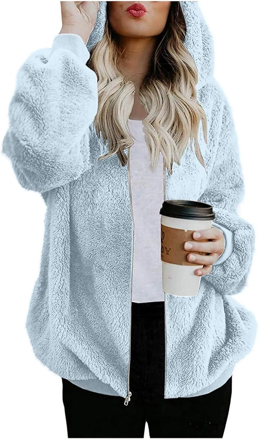 Womens Fuzzy Sherpa Fleece Jacket Zip Up Hooded Oversized Winter Warm Coats Casual Outwear Fall Transitional Fashion
