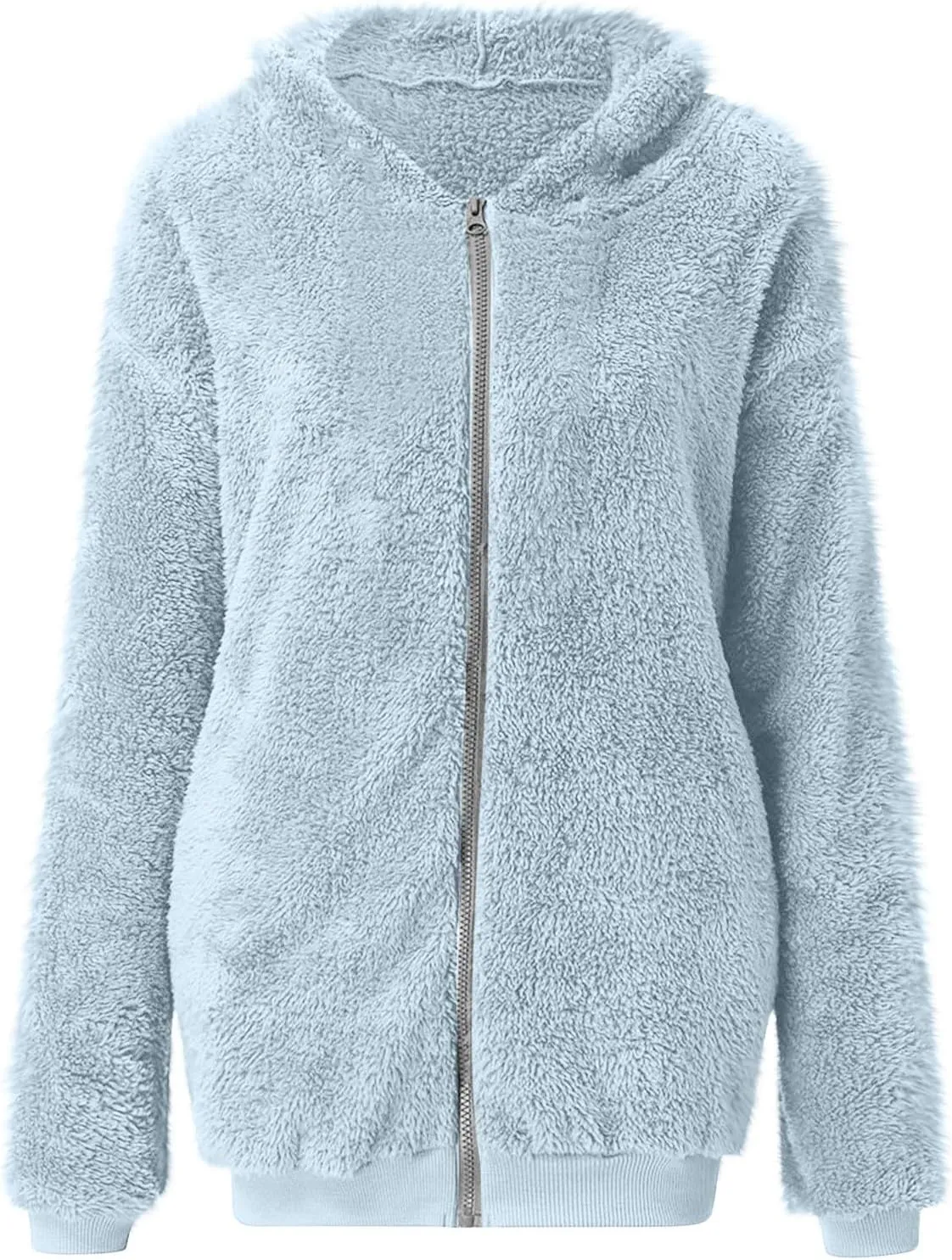 Womens Fuzzy Sherpa Fleece Jacket Zip Up Hooded Oversized Winter Warm Coats Casual Outwear Fall Transitional Fashion