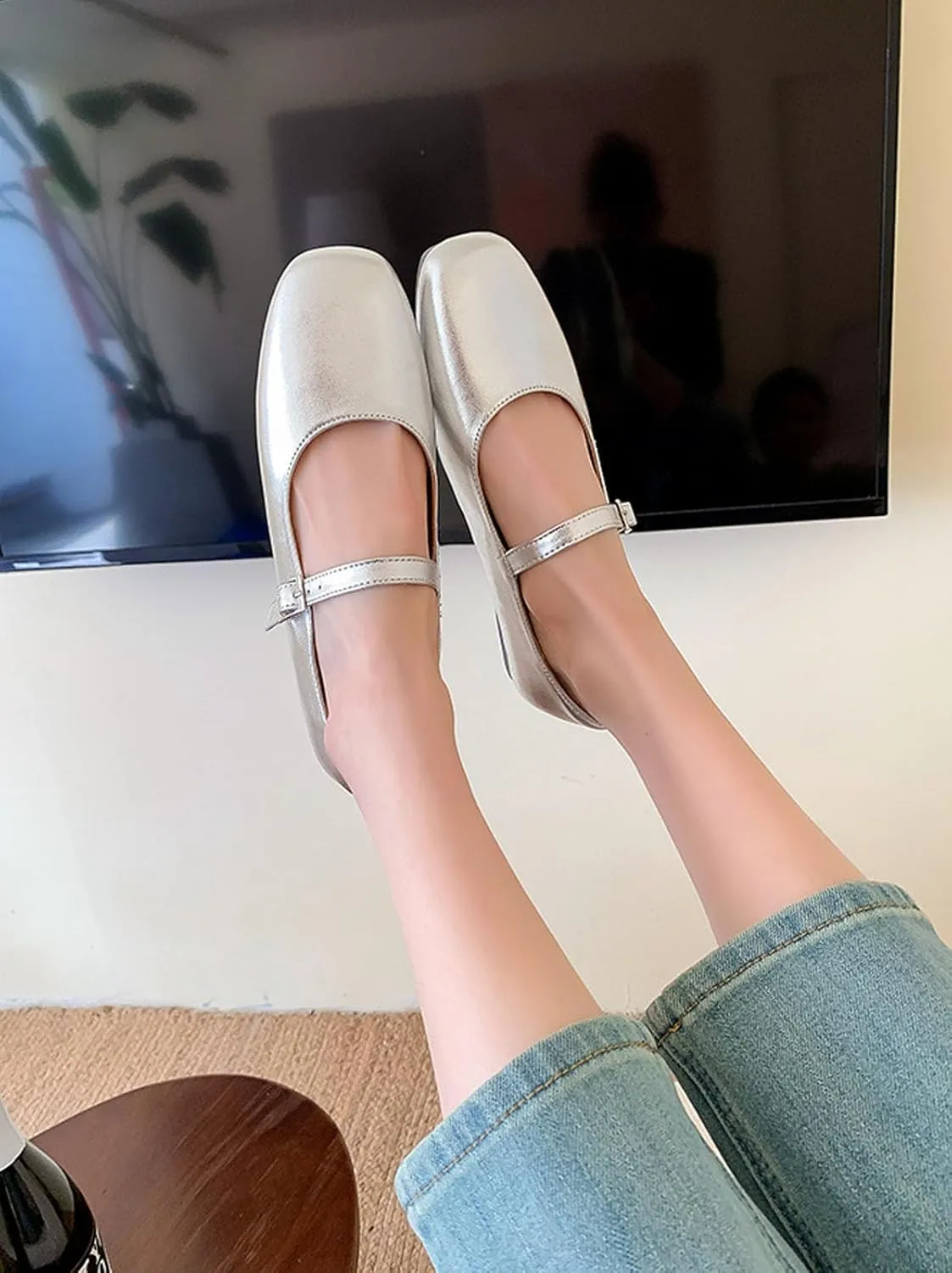 Women's Genuine Leather Square Toe Flat Shoes,Soft Ankle Strap Flat Mary Jane Shoes,Comfortable Dressy Ballet Flats,Casual Work Flat Dress Shoes