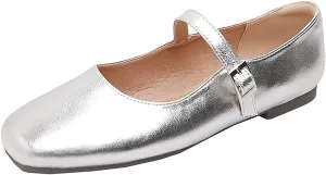 Women's Genuine Leather Square Toe Flat Shoes,Soft Ankle Strap Flat Mary Jane Shoes,Comfortable Dressy Ballet Flats,Casual Work Flat Dress Shoes