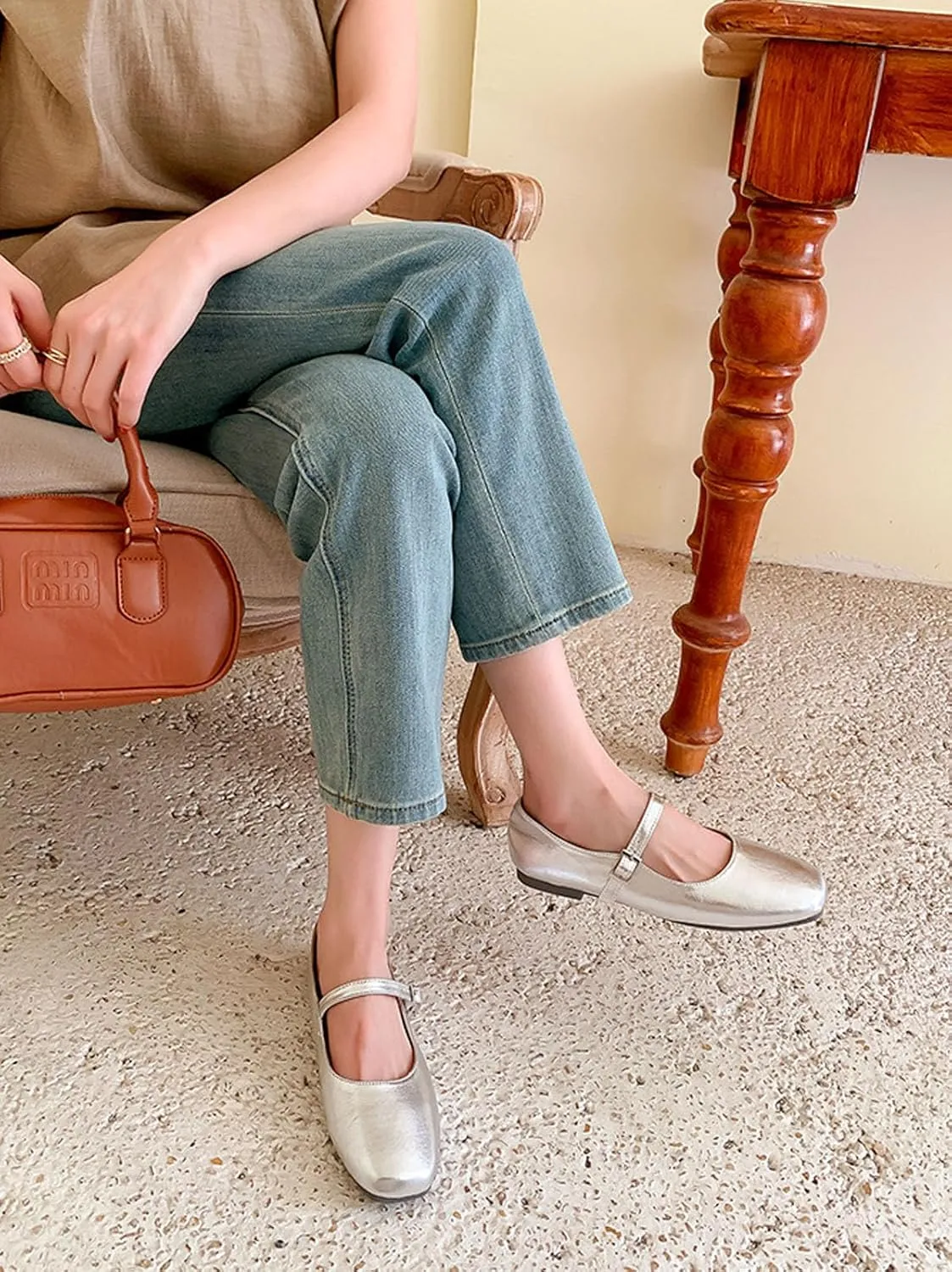 Women's Genuine Leather Square Toe Flat Shoes,Soft Ankle Strap Flat Mary Jane Shoes,Comfortable Dressy Ballet Flats,Casual Work Flat Dress Shoes