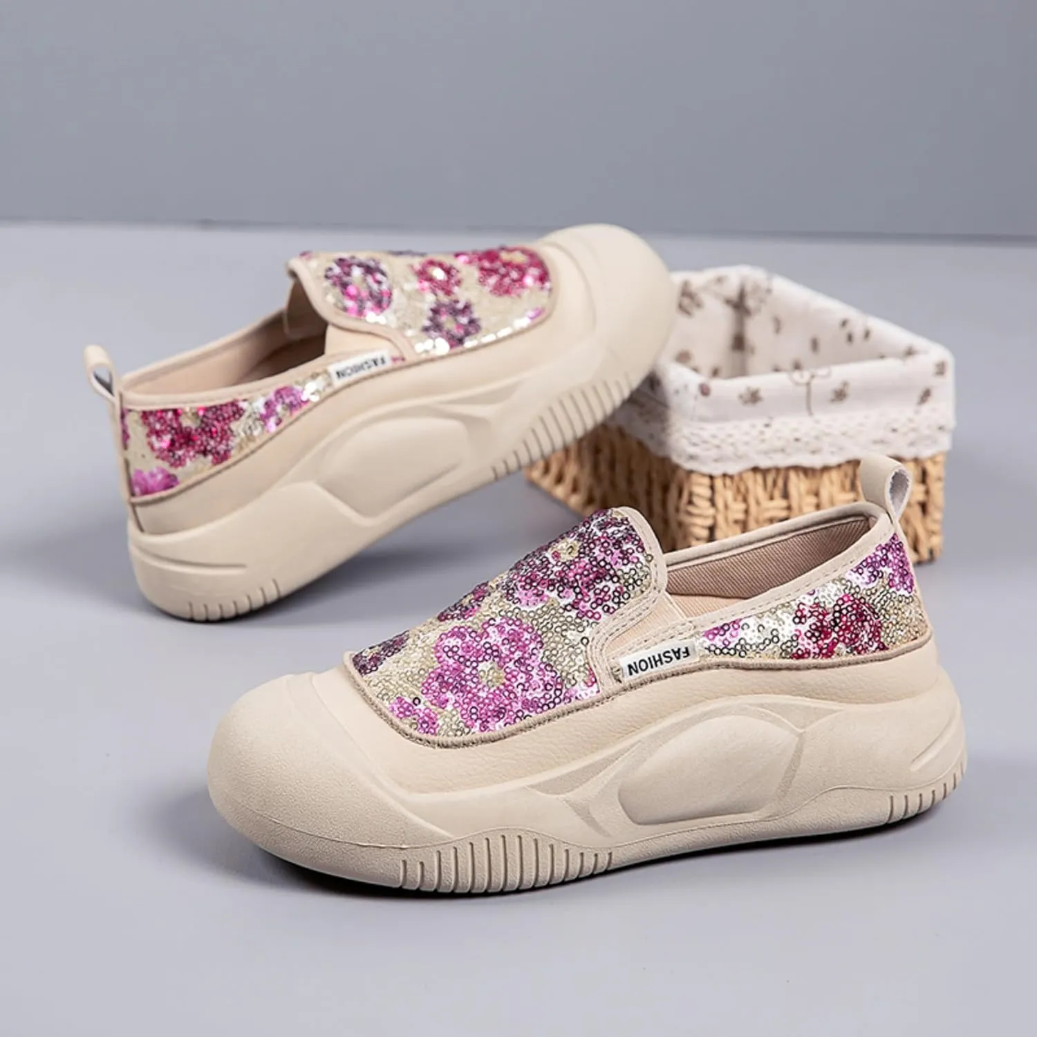 Women's Glitter Sequins Loafers Thick Sole Slip-On Casual Sneakers