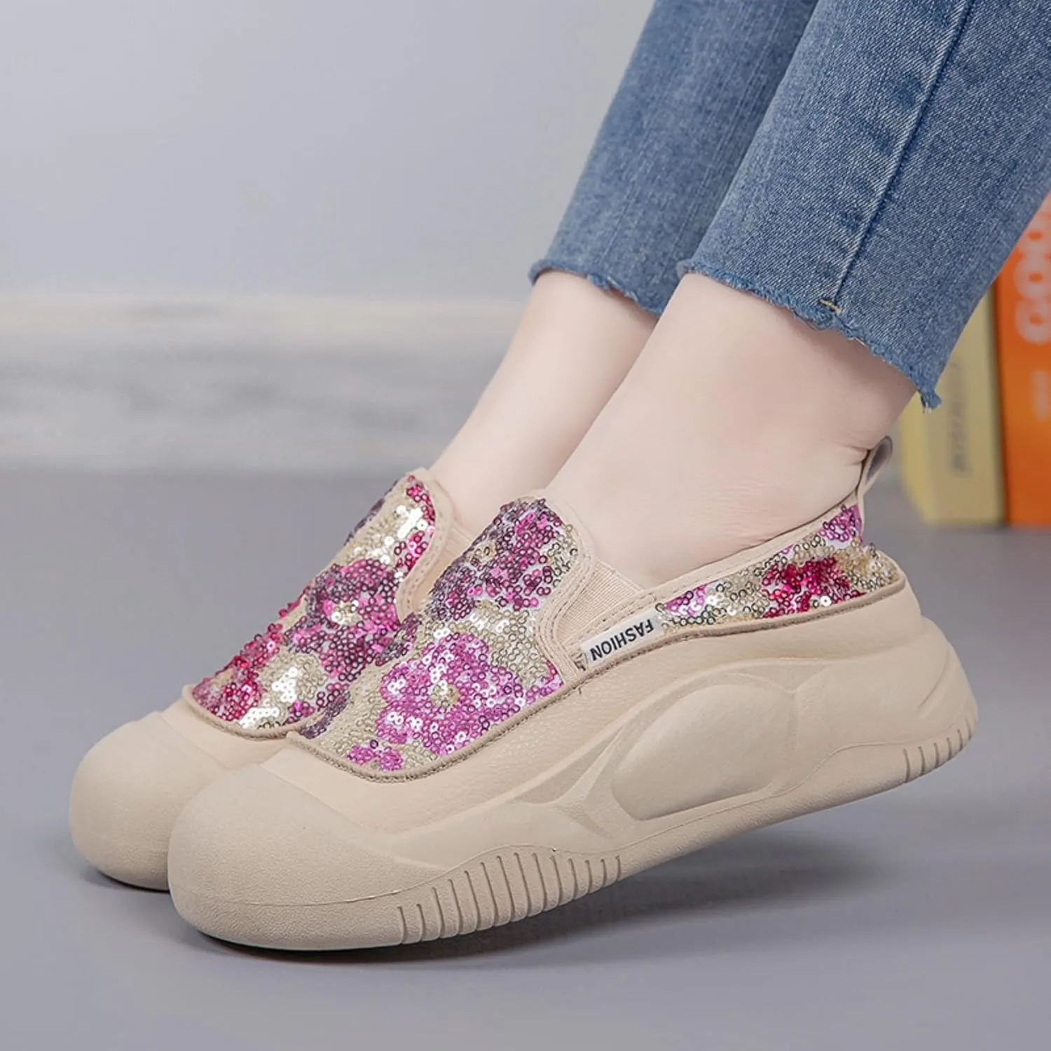 Women's Glitter Sequins Loafers Thick Sole Slip-On Casual Sneakers