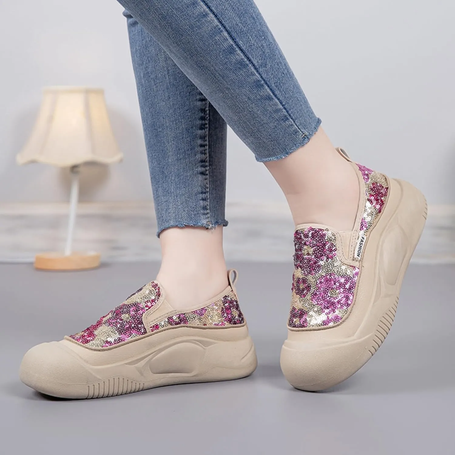 Women's Glitter Sequins Loafers Thick Sole Slip-On Casual Sneakers