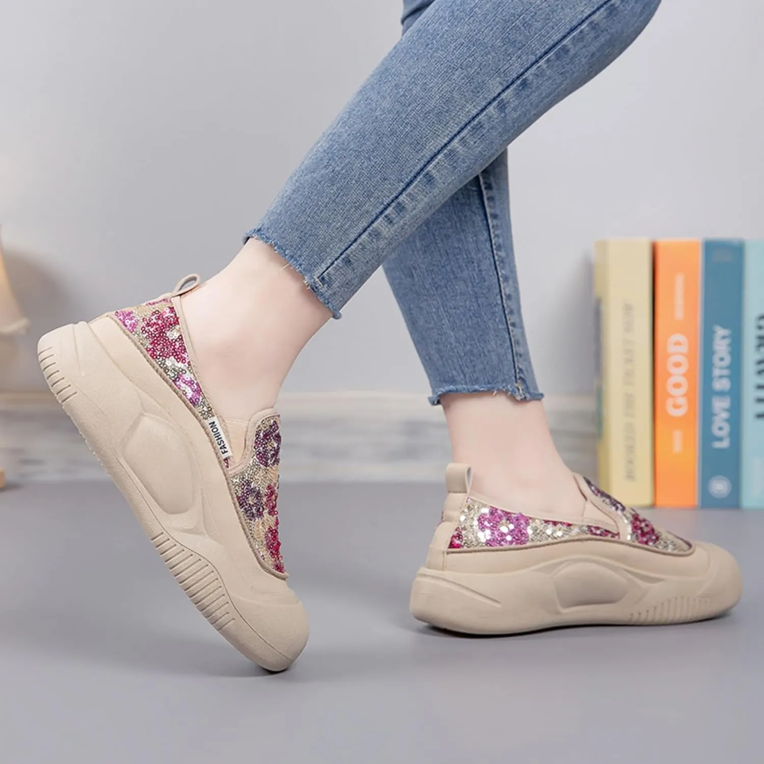 Women's Glitter Sequins Loafers Thick Sole Slip-On Casual Sneakers